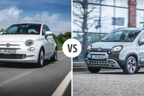 Porównanie białego Fiata 500 i szarego Fiata Panda Cross. Sprawdź fiat 500 wymiary i porównaj z Pandą.
