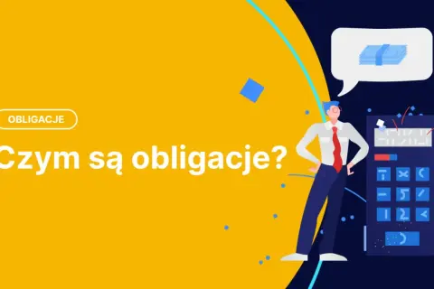 Mężczyzna z kalkulatorem i pieniędzmi w chmurce. Pytanie "Czym są obligacje?" wyjaśnia inwestycje.
