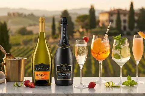 Casa Pecunia Prosecco Frizzante i koktajle na tle winnic. Frizzante to lekko musujące wino, idealne na letnie wieczory.