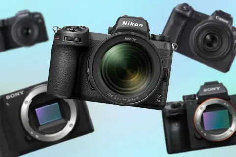 Kolekcja nowoczesnych bezlusterkowców: Nikon Z7 II, Sony Alpha 7 III, Sony Alpha 7 II i Canon EOS R.