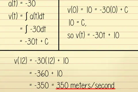 Calcolo della velocità media: a(t) = -30, v(t) = -30t + 10. Dopo 12 secondi, v(12) = -350, ovvero 350 m/s.