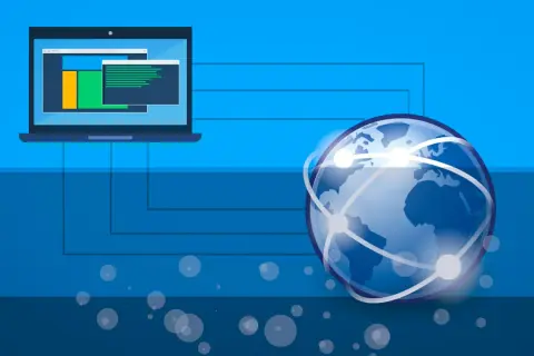 Ilustracja przedstawia laptop połączony z globem, symbolizującym sieć. Dowiedz się, jak sprawdzić IP komputera Windows 10.