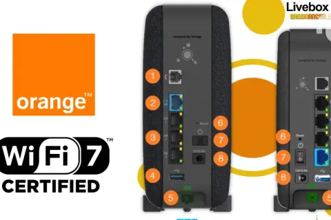 La Livebox 7 d'Orange, certifiée Wi-Fi 7, présente ses ports arrière : fibre, USB, Ethernet et alimentation.