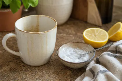 Una tazza, una ciotola con bicarbonato e limone, ingredienti per lucidare marmo con bicarbonato e ottenere una superficie brillante.