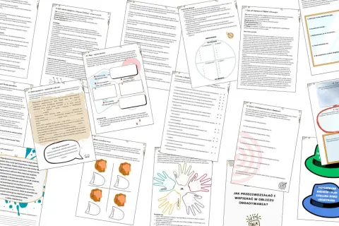 Na zdjęciu widać materiały edukacyjne dotyczące obgadywania. Są tam ćwiczenia, diagramy i pytania, które pomagają zrozumieć i przeciwdziałać negatywnym zachowaniom.