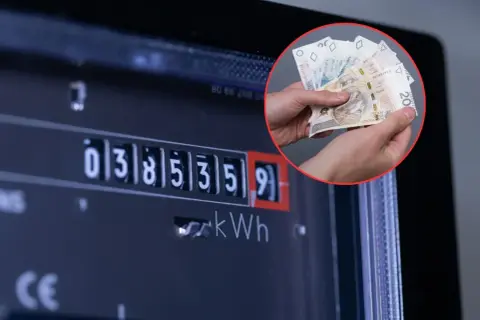 Liczniki energii elektrycznej i polskie banknoty symbolizują rosnące ceny prądu w Polsce.