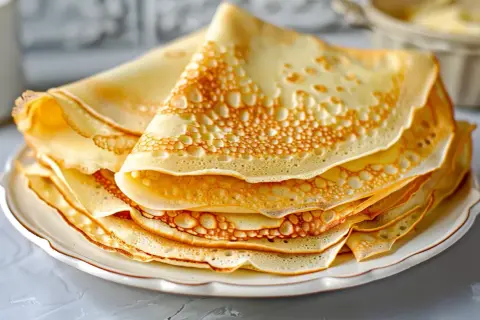 En hög med gyllene, tunna plättar på en vit tallrik. Perfekt för att lära sig hur gör man plättar till frukost eller fika.