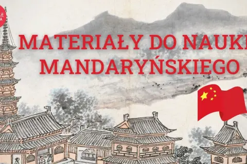 Materiały do nauki języka chińskiego. Tradycyjny chiński krajobraz z pagodami i flagą Chin.
