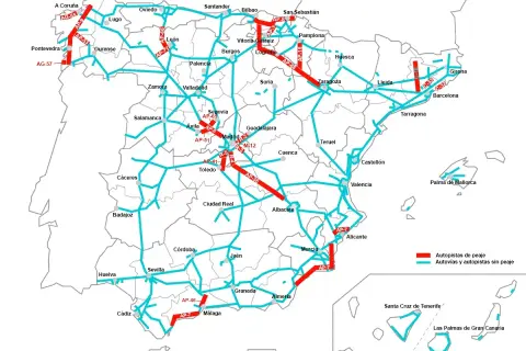 Carte des autoroutes et voies rapides en Espagne. Idéal pour planifier un voyage en Espagne en voiture, avec distinction des routes à péage (rouge) et gratuites (bleu).