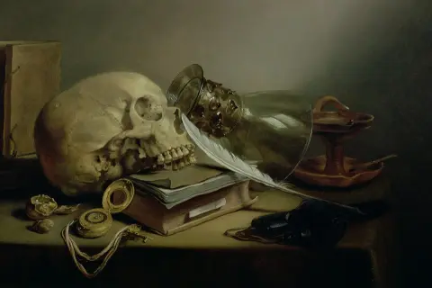 Martwa natura vanitas: czaszka, księga, pióro, zegarek, kielich i lampka oliwna przypominają o przemijaniu.