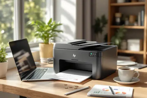Drukarka HP, laptop, filiżanka kawy i monety na drewnianym biurku.