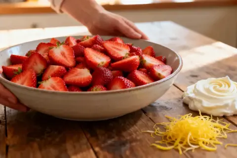 Un bol de fraises coupées en deux, prêt pour un dessert. De la crème fouettée et des zestes de citron sont à côté.