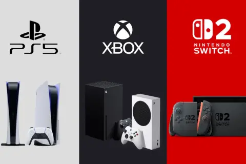 Konsola PlayStation 5, Xbox Series X/S i Nintendo Switch z kontrolerami.