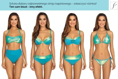 Cztery kobiety prezentują różne modele turkusowych strojów kąpielowych. Każdy z nich ma inny fason, ale wszystkie podkreślają biust, jakby nosiły ten sam fez czapka.