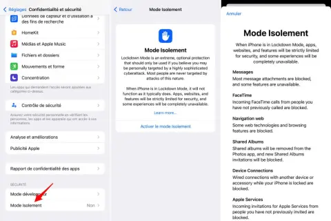 Captures d'écran d'un iPhone montrant les réglages de confidentialité et sécurité, avec une section dédiée au mode Isolement.