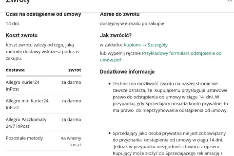 Informacje o tym, jak zwrócić towar kupiony przez internet: czas na zwrot, koszt dostawy i adres.