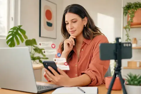 Eine Frau, die zeigt, was Influencer sind, interagiert mit ihrem Smartphone, während ein Laptop und eine Kamera bereitstehen.