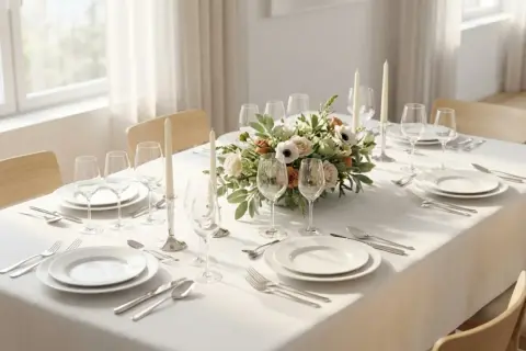 Une belle table est prête à recevoir : assiettes, verres, couverts et un centre de table floral. On sent l'envie de mettre la table pour un repas convivial.