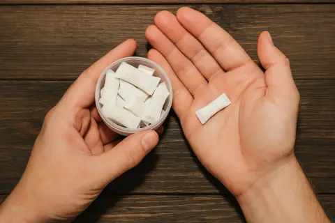 Dłonie trzymające pojemnik z białymi woreczkami nikotynowymi i jeden woreczek na dłoni. Czy snus jest legalny w Polsce?