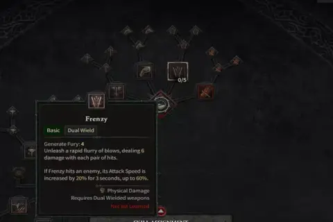 Drzewko umiejętności Diablo 4: Barbarzyńca z aktywną umiejętnością "Frenzy" (Szał) w trybie "Dual Wield" (dwuręczny). Idealny build dla graczy lubiących szybkie ataki.