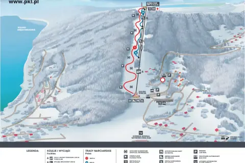 Mapa ośrodka narciarskiego Góra Żar. Trasa narciarska z wyciągami i kolejką linową, widok na Jezioro Międzybrodzkie.