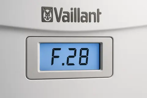 Wyświetlacz kotła Vaillant pokazuje kod błędu F.28.