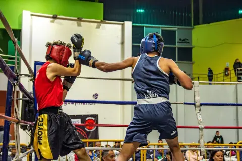 Two young boxers showcase their boxing skills in a ring, one in red, the other in blue, during a match.