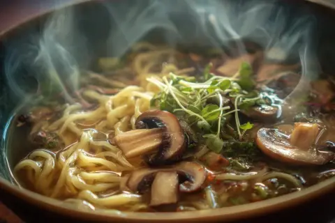 Gorąca zupa ramen z grzybami i kiełkami, parująca i kusząca. To właśnie smak umami, który sprawia, że chce się więcej.