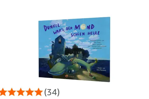 Dunkel war's, der Mond schien helle: Ein Buchcover mit einer surrealen Szene: Wal, Auto, Kuh und Turm unter blauem Himmel.