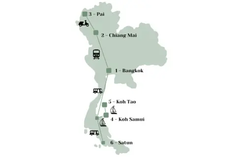 Reiseroute für 4 Wochen Thailand: Bangkok, Chiang Mai, Pai, Koh Samui, Koh Tao und Satun. Mit Zug, Bus, Roller und Boot.