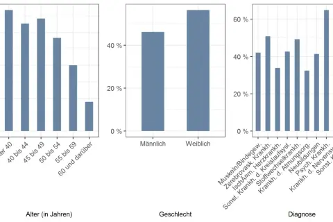 Balkendiagramme zeigen Erwerbsminderungsrente mit 57 Jahren: Alter, Geschlecht und Diagnose.