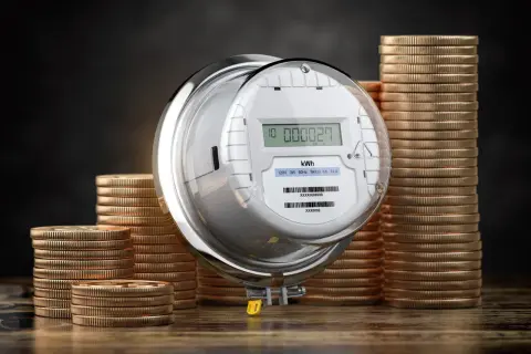 Licznik energii elektrycznej otoczony stosami monet. Symbolizuje to wysokie koszty prądu i potrzebę oszczędzania, lub dodatek energetyczny.
