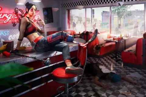 Dziewczyna z koktajlem w ręku i bronią w dinerze, gdzie trwa apokalipsa zombie. Czas gry w Dead Island 2.