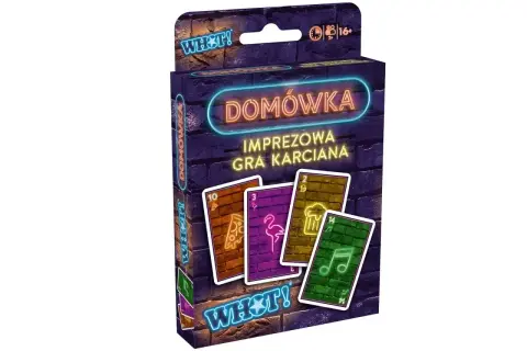 Gra karciana "Domówka" na 4 osoby. Neonowy design, karty z pizzą, flamingiem, piwem i nutami. Idealna na imprezy!