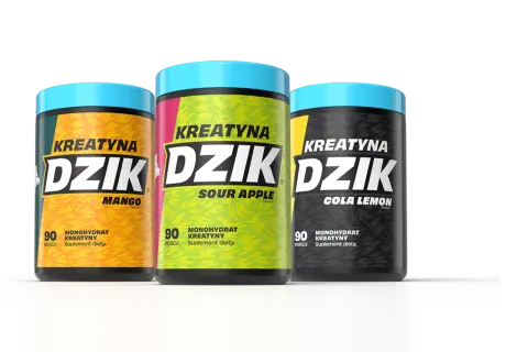Trzy opakowania kreatyny "Dzik" o smakach mango, kwaśnego jabłka i cola lemon – idealne suplementy na siłownię.