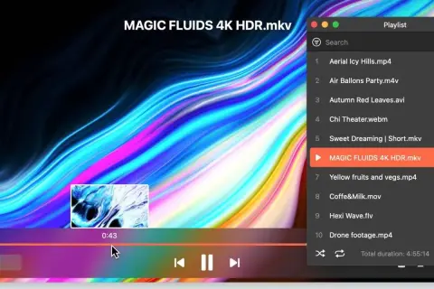 Playing MP4 on Mac is easy with this media player. The playlist shows various video files, including .mp4, .m4v, and .avi.
