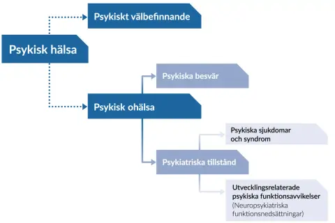 Diagram som visar sambandet mellan psykisk hälsa, psykiskt välbefinnande och psykisk ohälsa, inklusive psykiska besvär, sjukdomar och tillstånd.