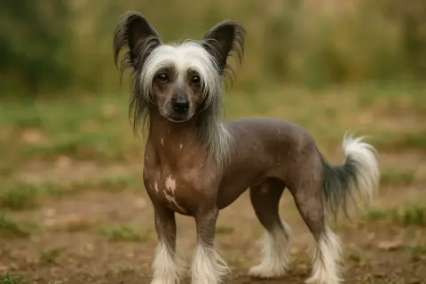 Un chien chinois au poil rare, avec de grandes oreilles et une crinière blanche, se tient dans un champ herbeux.