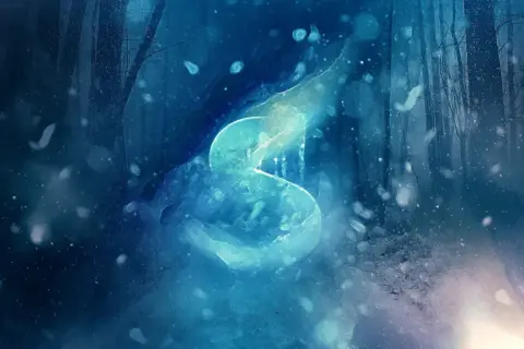 Ethereal blue light forms a glowing 'S' in a snowy forest, a magical scene perfect for photoshop ideas.