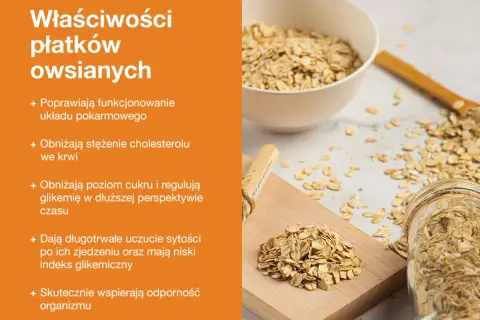 Płatki owsiane właściwości: poprawiają trawienie, obniżają cholesterol i cukier, dają sytość. Zdrowy wybór na co dzień.