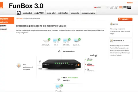 Interfejs FunBox 3.0 pokazuje podłączone urządzenia: komputer, laptop, iPhone. Internet aktywny, telefon nieaktywny.