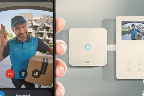 Un livreur Amazon salue via un interphone copropriété Ring. Le smartphone affiche la vidéo et les commandes.