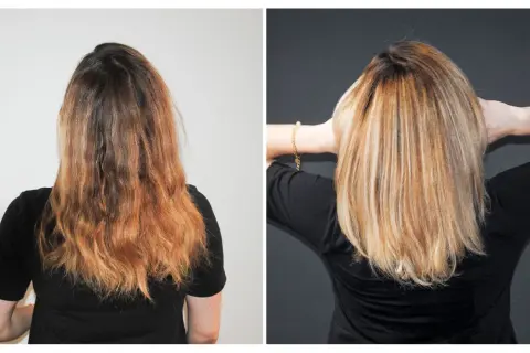 Vorher-Nachher-Vergleich: Blondes Haar wird durch Silbershampoo aufgehellt und erhält einen kühlen Ton.