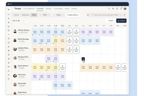 Interfaccia di un programma per turni di lavoro, con nomi, orari e giorni visibili.