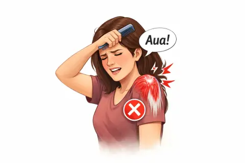 Frau mit starkem Schmerz in der Schulter, die sich mit einem Kamm durch die Haare fährt. "Aua!" steht in einer Sprechblase. Rote Blitze und ein rotes Kreuz symbolisieren die Schmerzen bei einer frozen shoulder.