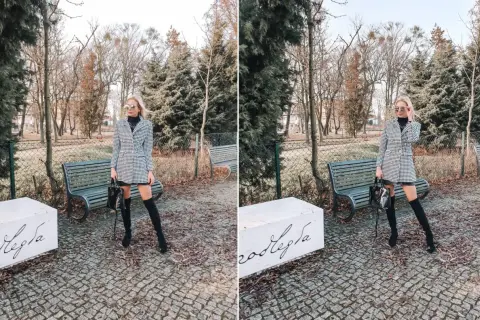 Elegancki płaszcz w pepitkę i wysokie kozaki tworzą stylową całość. Kobieta pozuje w parku, prezentując modne stylizacje.