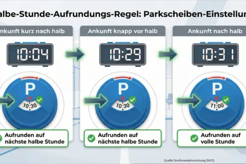 Anleitung zur Parkscheiben-Einstellung: Ankunft 10:04 wird auf 10:30 aufgerundet, 10:29 auf 10:30, 10:31 auf 11:00.
