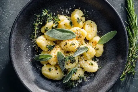 Salbei Gnocchi mit frischen Kräutern und Parmesan bestreut, serviert auf einem dunklen Teller.