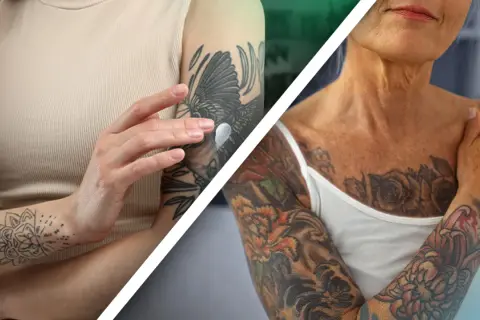 Junge Frau pflegt frisches Tattoo, ältere Frau mit verblasstem Tattoo.