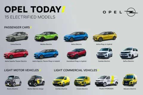 Wszystkie modele Opla: Corsa, Mokka, Astra, Grandland, Combo, Zafira, Rocks, Vivaro i Movano w wersjach elektrycznych i hybrydowych.